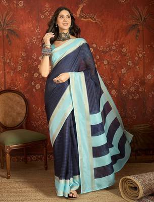 Navy blue chiffon zari checks saree with unstitched blouse piece. 2