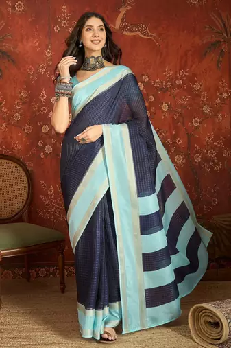Navy blue chiffon zari checks saree with unstitched blouse piece.