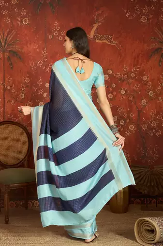 Navy blue chiffon zari checks saree with unstitched blouse piece.