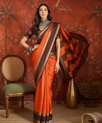 Orange chiffon zari checks saree with unstitched blouse piece. 2