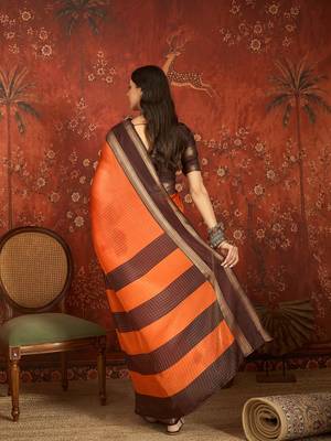Orange chiffon zari checks saree with unstitched blouse piece. 3