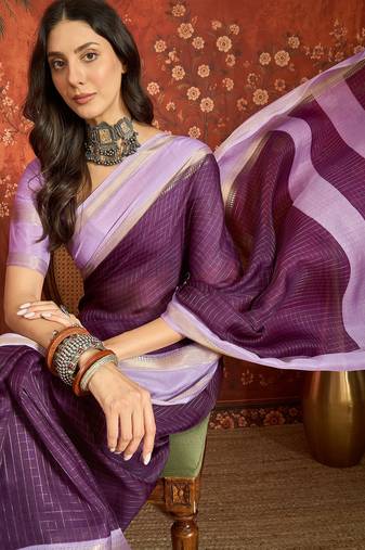 Wine chiffon zari checks saree with unstitched blouse piece.