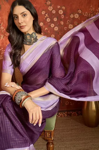 Wine chiffon zari checks saree with unstitched blouse piece.