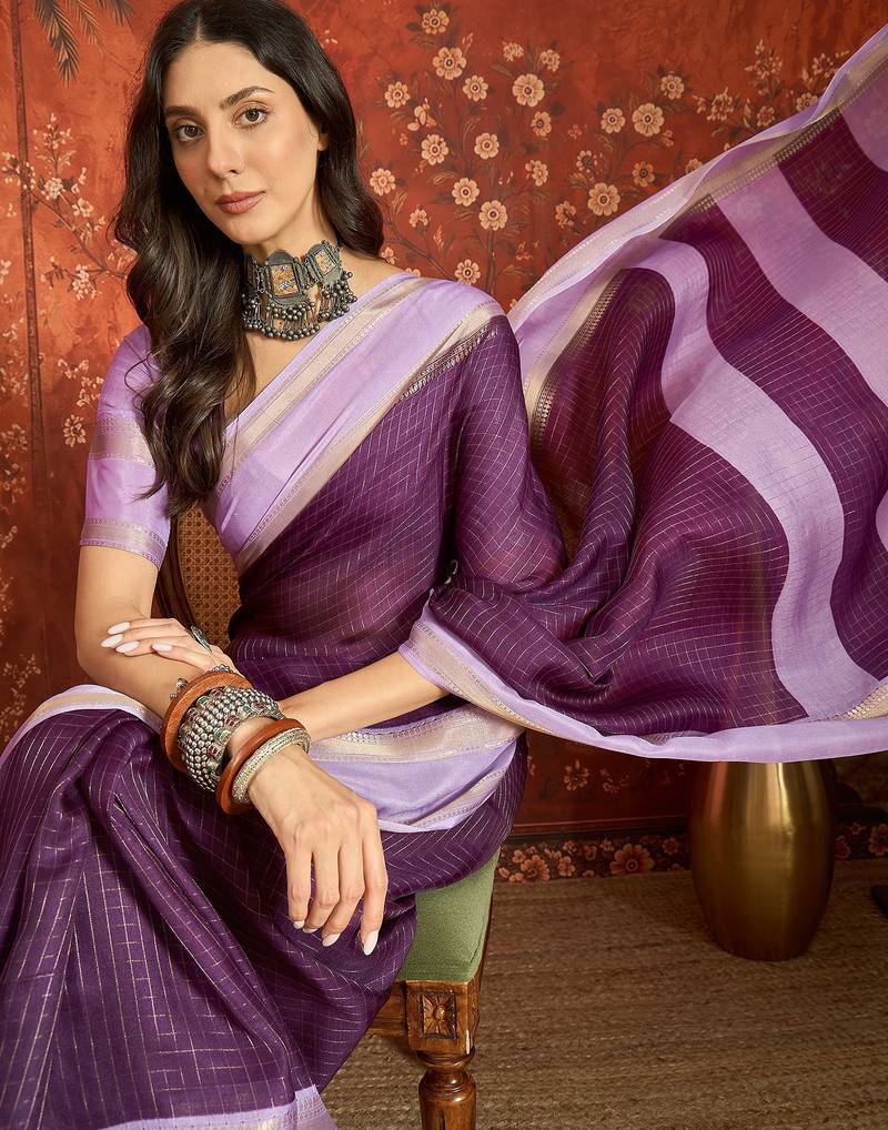Wine chiffon zari checks saree with unstitched blouse piece.