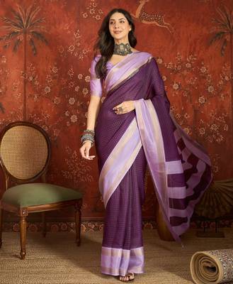 Wine chiffon zari checks saree with unstitched blouse piece. 2