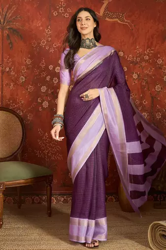Wine chiffon zari checks saree with unstitched blouse piece.