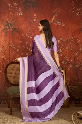 Wine chiffon zari checks saree with unstitched blouse piece.