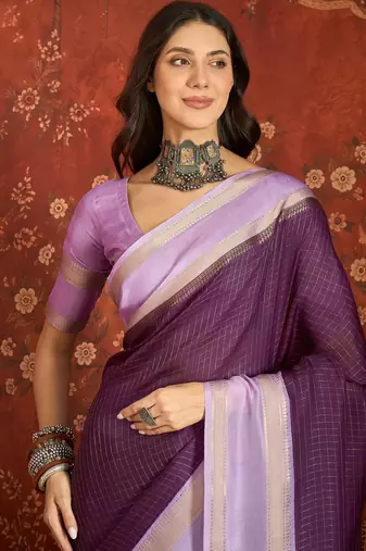 Wine chiffon zari checks saree with unstitched blouse piece.