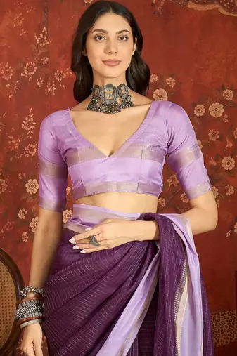 Wine chiffon zari checks saree with unstitched blouse piece.
