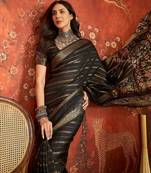 Black silk cotton zari saree with unstitched blouse piece.