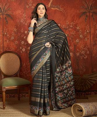 Black silk cotton zari saree with unstitched blouse piece. 2