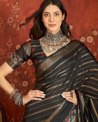 Black silk cotton zari saree with unstitched blouse piece. 4