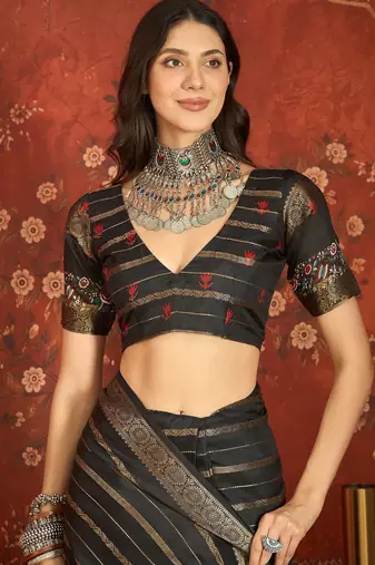 Black silk cotton zari saree with unstitched blouse piece.