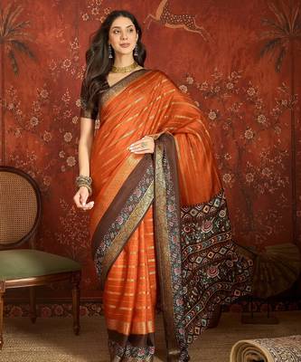 Orange silk cotton zari saree with unstitched blouse piece. 1