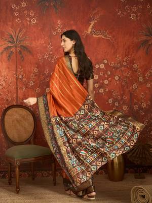 Orange silk cotton zari saree with unstitched blouse piece. 3