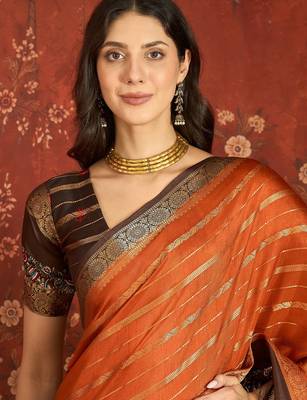 Orange silk cotton zari saree with unstitched blouse piece. 4