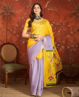 Lilac & yellow silk cotton printed saree with unstitched blouse piece. 1