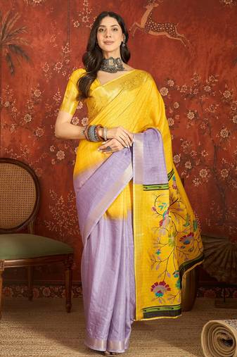 Lilac & yellow silk cotton printed saree with unstitched blouse piece.