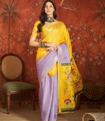 Lilac & yellow silk cotton printed saree with unstitched blouse piece.