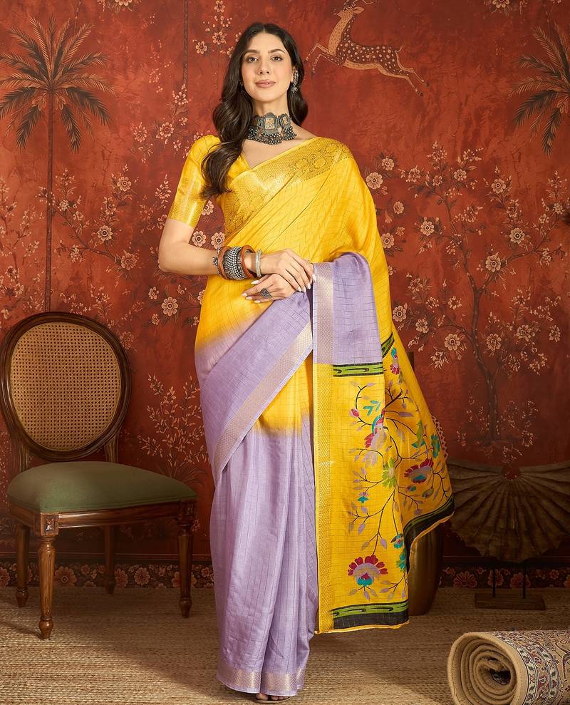 Lilac & yellow silk cotton printed saree with unstitched blouse piece.