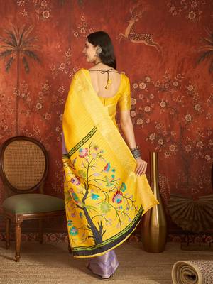 Lilac & yellow silk cotton printed saree with unstitched blouse piece. 2