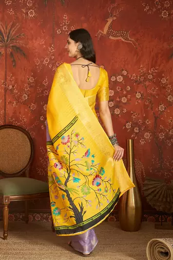 Lilac & yellow silk cotton printed saree with unstitched blouse piece.