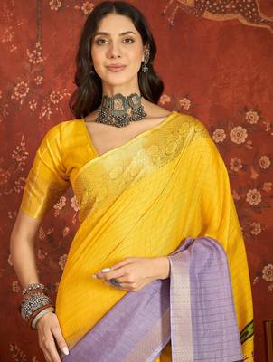 Lilac & yellow silk cotton printed saree with unstitched blouse piece. 4