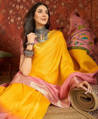 Pink & yellow silk cotton printed saree with unstitched blouse piece. 1