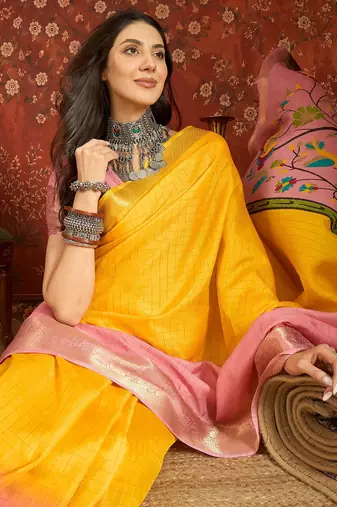 Pink & yellow silk cotton printed saree with unstitched blouse piece.