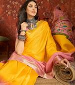 Pink & yellow silk cotton printed saree with unstitched blouse piece.