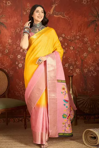 Pink & yellow silk cotton printed saree with unstitched blouse piece.