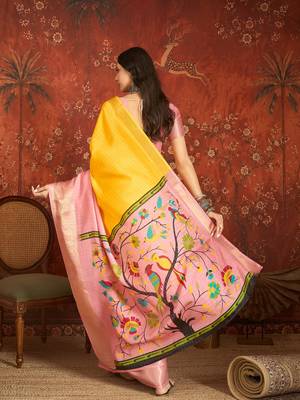Pink & yellow silk cotton printed saree with unstitched blouse piece. 3
