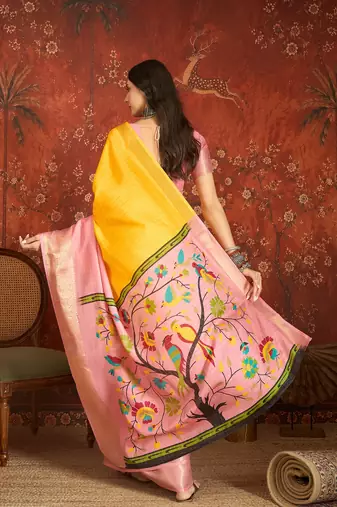 Pink & yellow silk cotton printed saree with unstitched blouse piece.