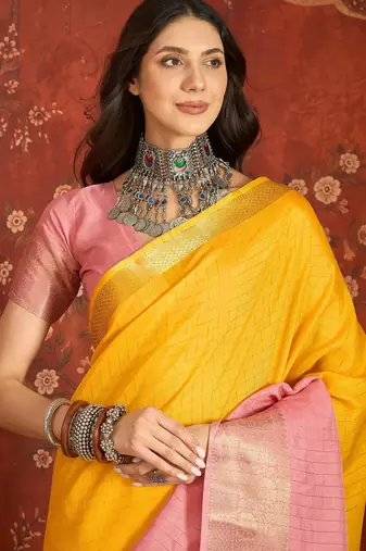 Pink & yellow silk cotton printed saree with unstitched blouse piece.