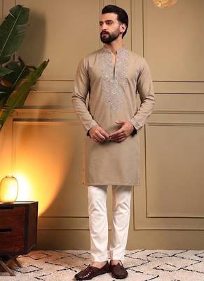 Brown star silk embroidery sequence work straight men's kurta pyjama 1