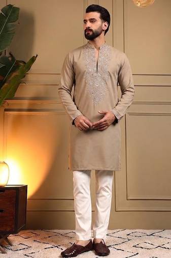 Brown star silk embroidery sequence work straight men's kurta pyjama