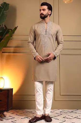 Brown star silk embroidery sequence work straight men's kurta pyjama