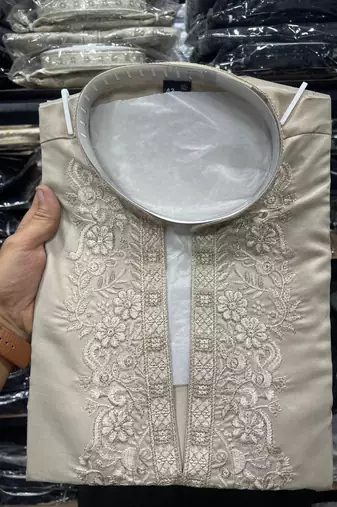 Brown star silk embroidery sequence work straight men's kurta pyjama
