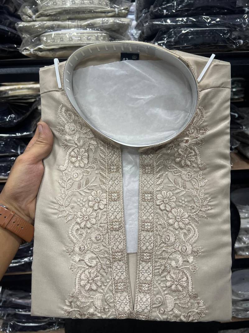 Brown star silk embroidery sequence work straight men's kurta pyjama
