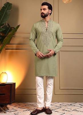 Olive green star silk embroidery sequence work straight men's kurta pyjama 1