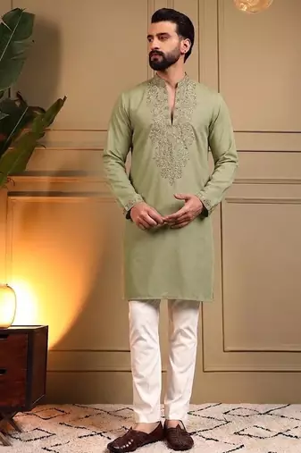 Olive green star silk embroidery sequence work straight men's kurta pyjama
