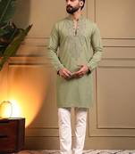 Olive green star silk embroidery sequence work straight men's kurta pyjama