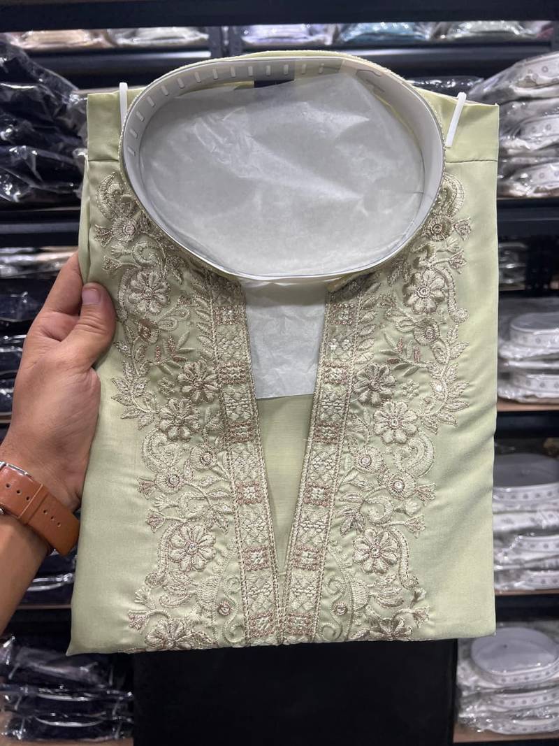 Olive green star silk embroidery sequence work straight men's kurta pyjama
