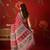 Red satin ajrakh printed saree with unstitched blouse piece.