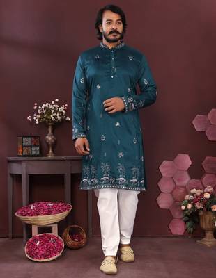 Teal blue premium smart silk embroidery sequence work straight men's kurta pyjama 1