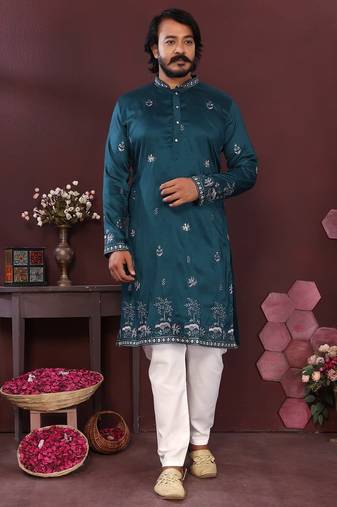 Teal blue premium smart silk embroidery sequence work straight men's kurta pyjama