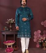 Teal blue premium smart silk embroidery sequence work straight men's kurta pyjama