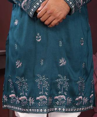 Teal blue premium smart silk embroidery sequence work straight men's kurta pyjama 2