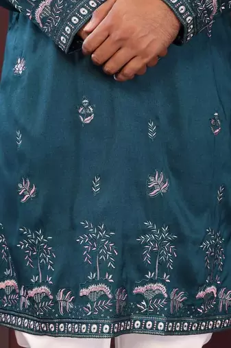 Teal blue premium smart silk embroidery sequence work straight men's kurta pyjama