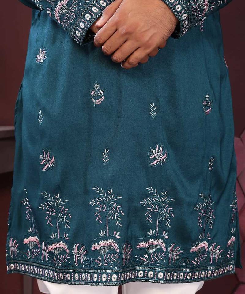 Teal blue premium smart silk embroidery sequence work straight men's kurta pyjama